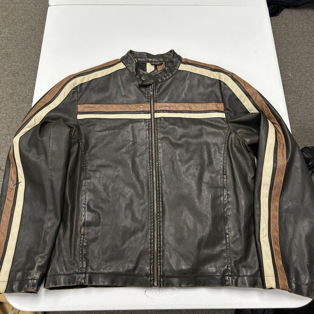 Arizona Faux Leather Jacket Mens Small Brown Racing Stripes Cafe Racer Moto E2